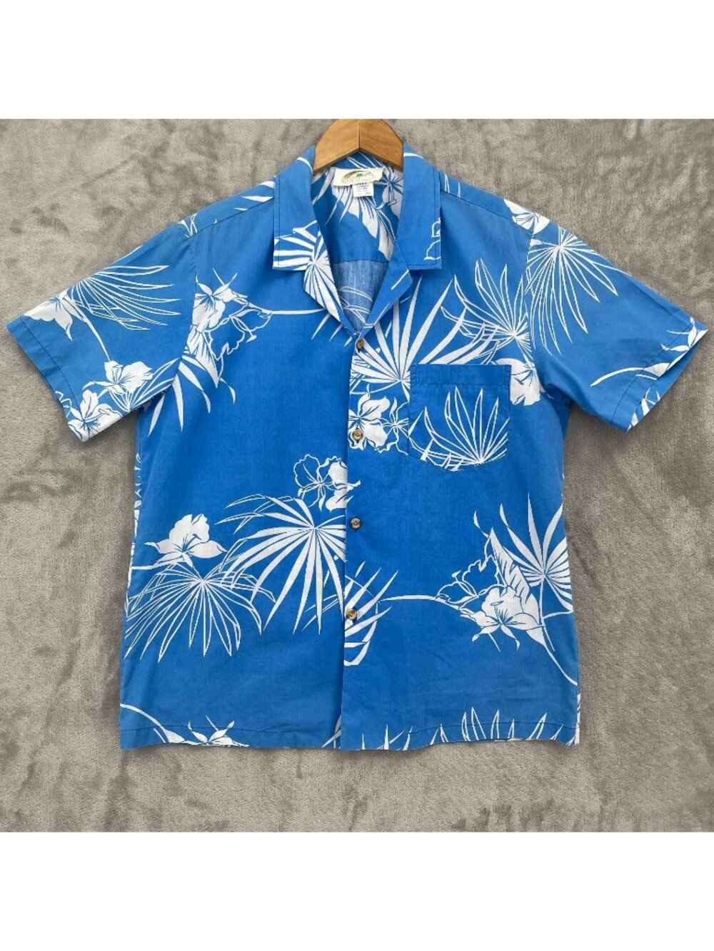 Vintage Blue Floral Cotton Blend Hawaiian Aloha Hibiscus Shirt USA Made
